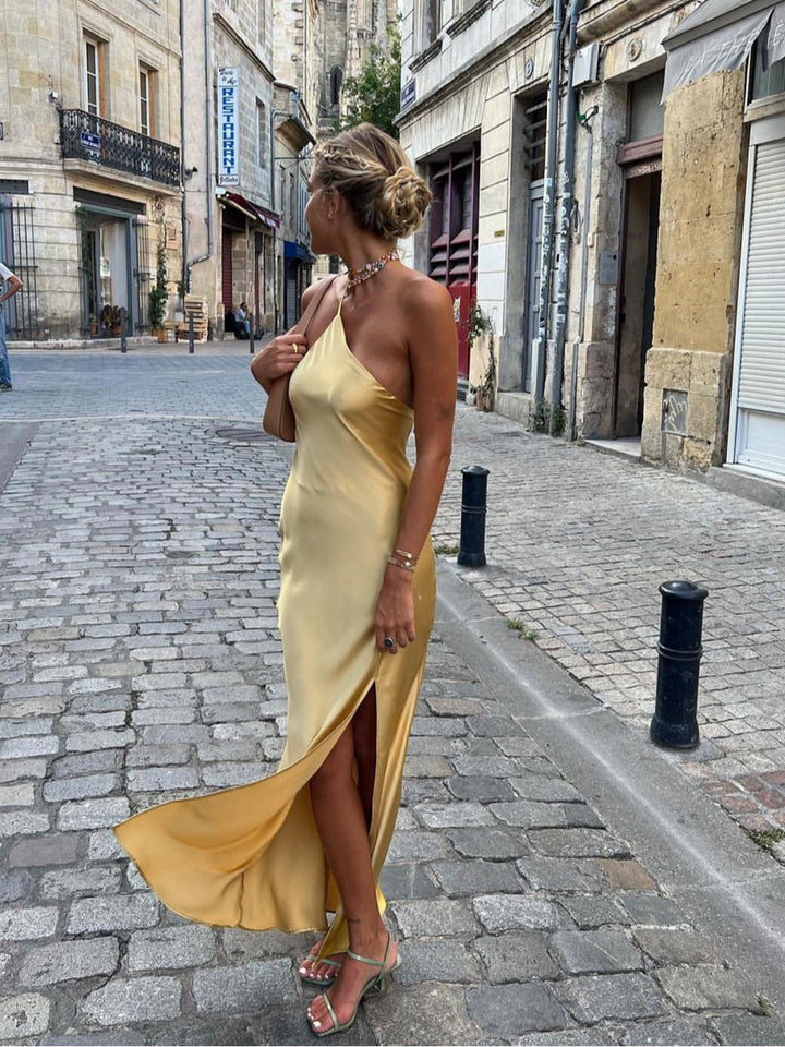 Elegant Backless Black Maxi Dress for Women, Open Shoulders Satin Long Dress for Special Occasions