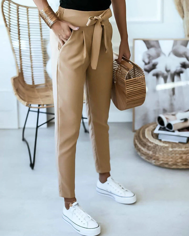 Lightweight &amp; flattering women’s high-waisted Pants – elastic polyester, for casual and office wear