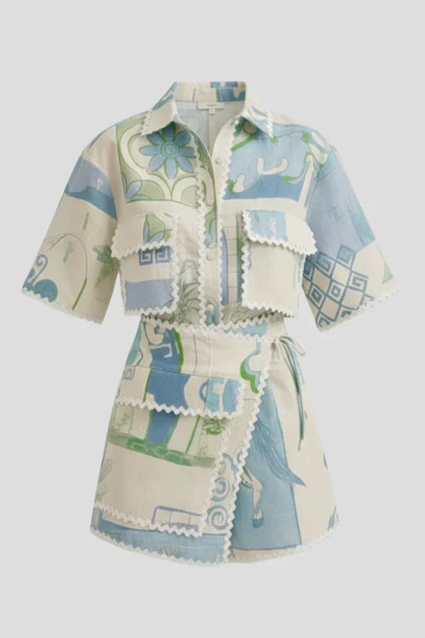 Soft women's floral-print lace set – patchwork top and shorts, polyester, for casual wear
