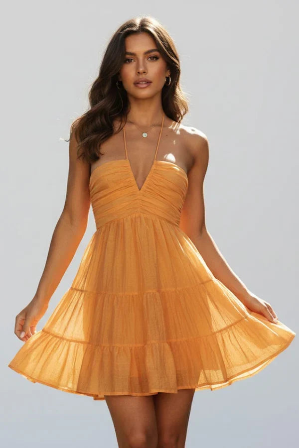 Soft women's v-neck dress – tiered pettiskirt, long-stitching details, spring/summer wear