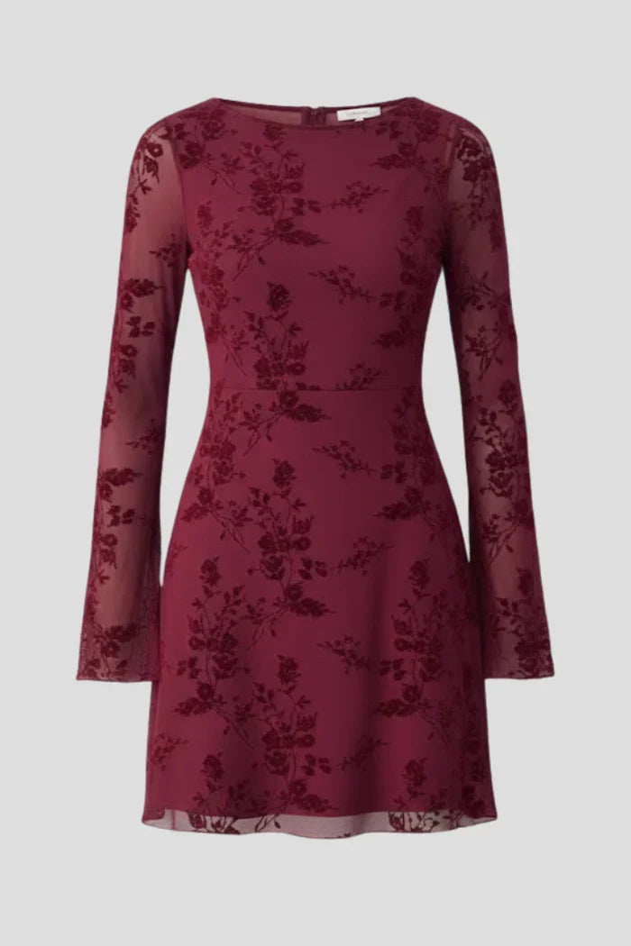 Fitted women's dress – high waist, long-sleeve textured pattern, polyester, for party