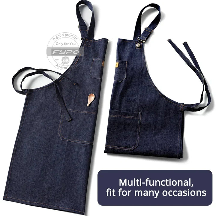 Denim Apron Adjustable Neck Bib Apron Durable Barista Kitchen Apron Fall 2025 Hygienic Workwear With Pockets