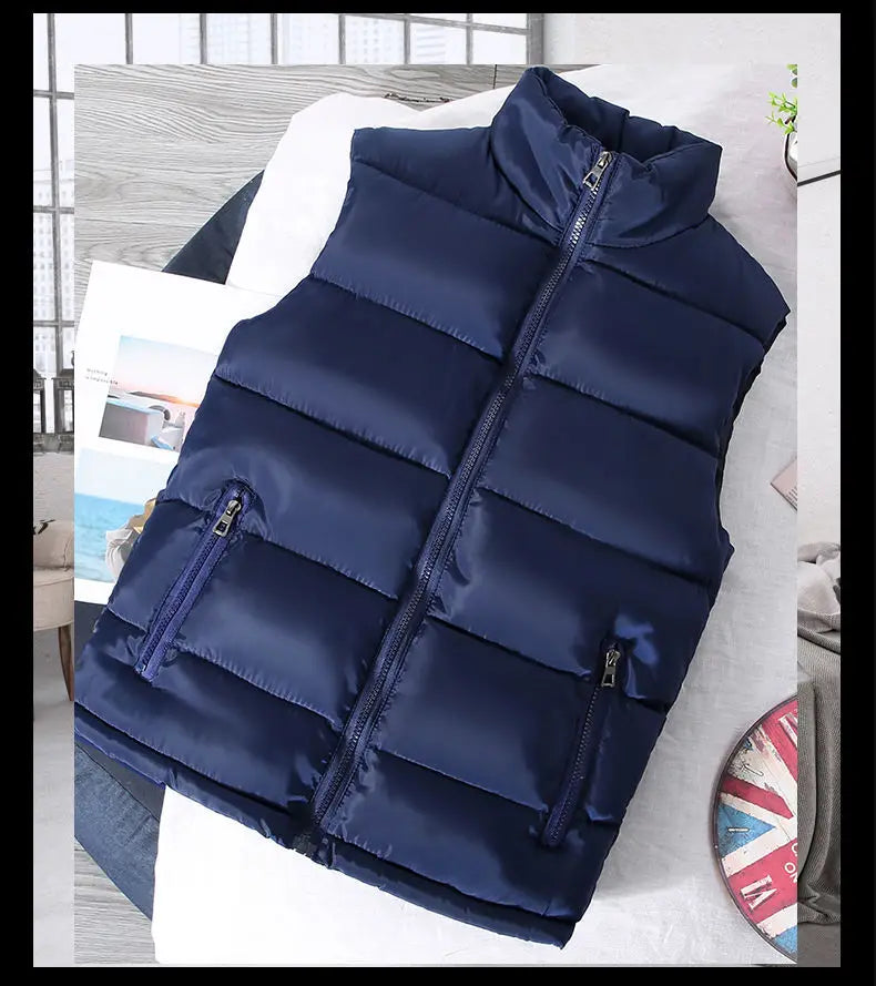 Warm Slim Men’s Puffer Vest - Stand Collar, Polyester, Casual