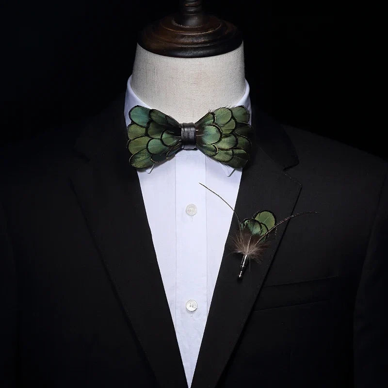 Bird Feather Bow Tie Set - Handmade for Men, Wedding Party