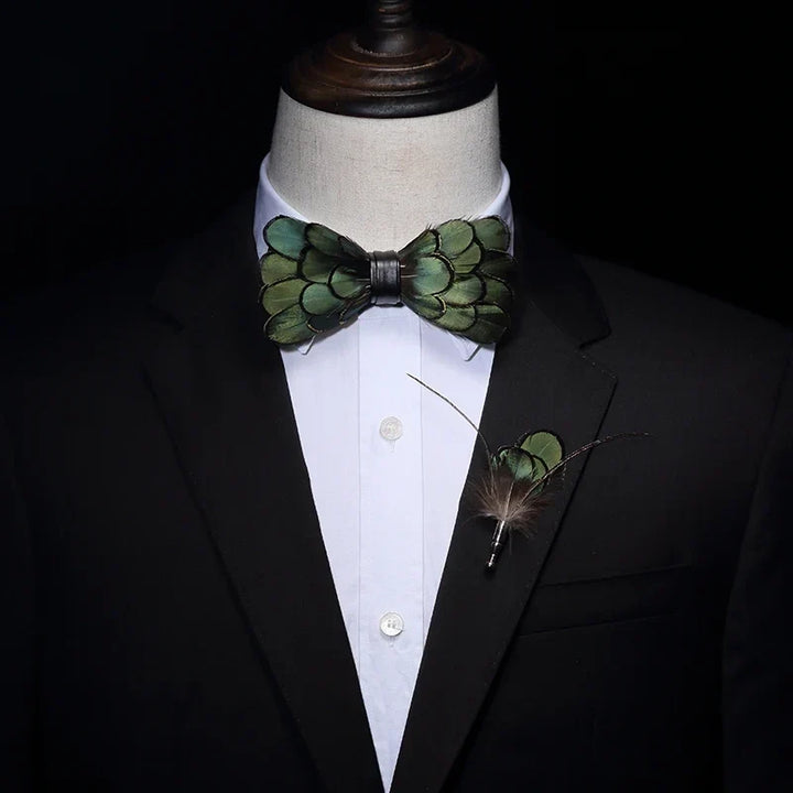 Bird Feather Bow Tie Set - Handmade for Men, Wedding Party