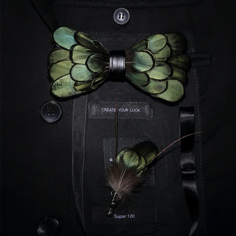 Bird Feather Bow Tie Set - Handmade for Men, Wedding Party