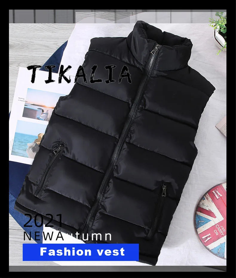 Warm Slim Men’s Puffer Vest - Stand Collar, Polyester, Casual