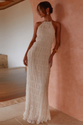 Ethereal Halter Maxi Dress in Soft Nude with Pleated Layers - Elegant Long Dress for Women, Full-Length Design