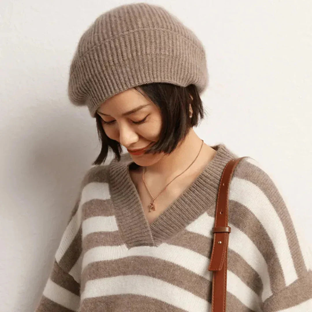 Soft Women’s Cashmere Beret – Ribbed Foldover Band, Winter