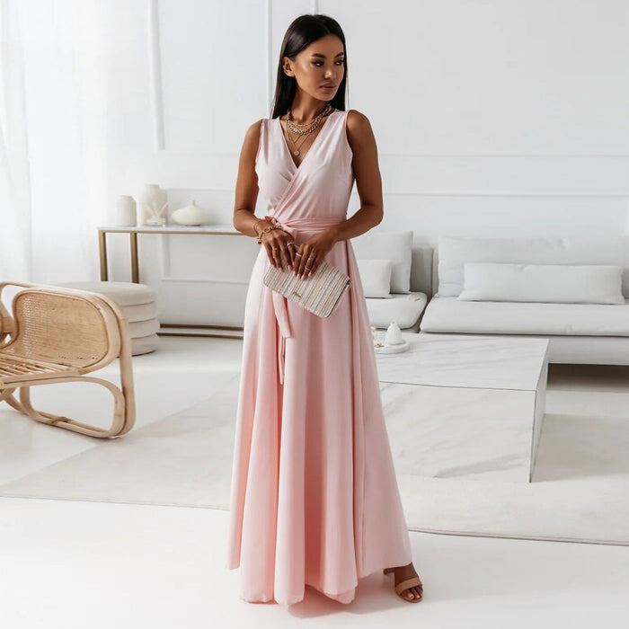 Elegant Women's Maxi Dress with V Neckline - Versatile Long Formal Dress for All Occasions