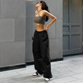 Black Parachute Pants with Adjustable Waist, Multiple Pockets, Lightweight Fabric for Casual and Urban Style
