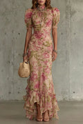 Fitted women's puff-sleeve dress - slim-fit, long-pleated, floral print, for special occasions