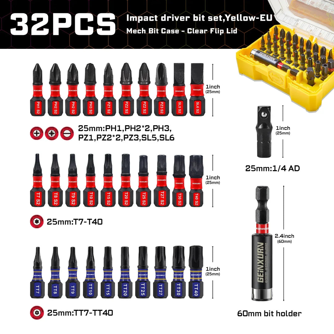 Impact Screwdriver Bits Set S2 Steel 32Piece With Magnetic Bit Holder And Case Fall 2025 DIY Gift
