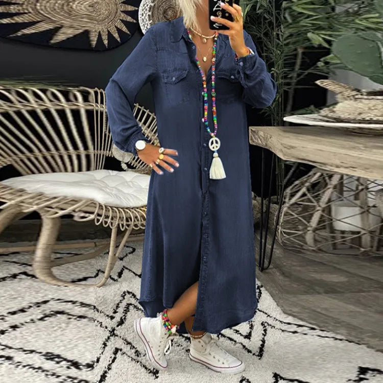 Shirt Jeans Dress Women Long Elegant Splice Dress with Turn Down Collar Summer Fashion