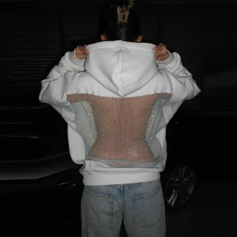Oversized Relaxed Women’s Hooded Pullover - Boxy Hollow-Back Cut, Blended Fabric With Mesh Back, For Streetwear