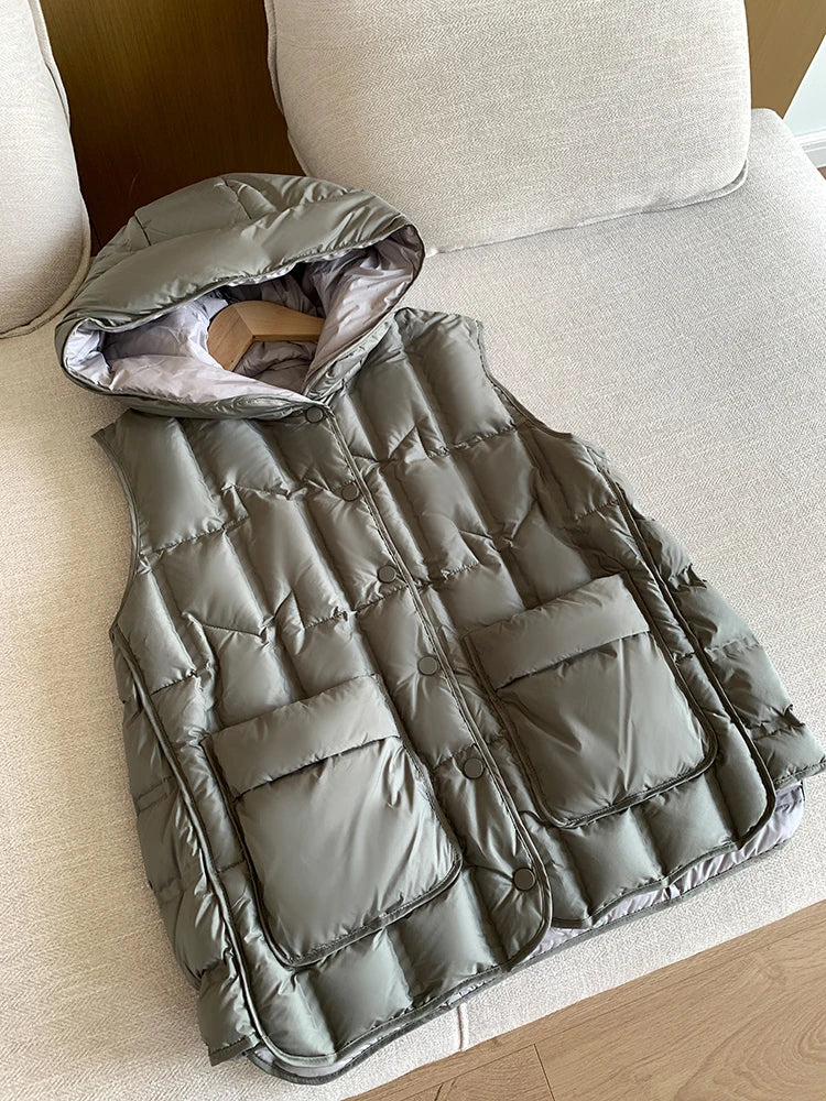 Lightweight Women’s Hooded Down Vest - Quilted Midlength