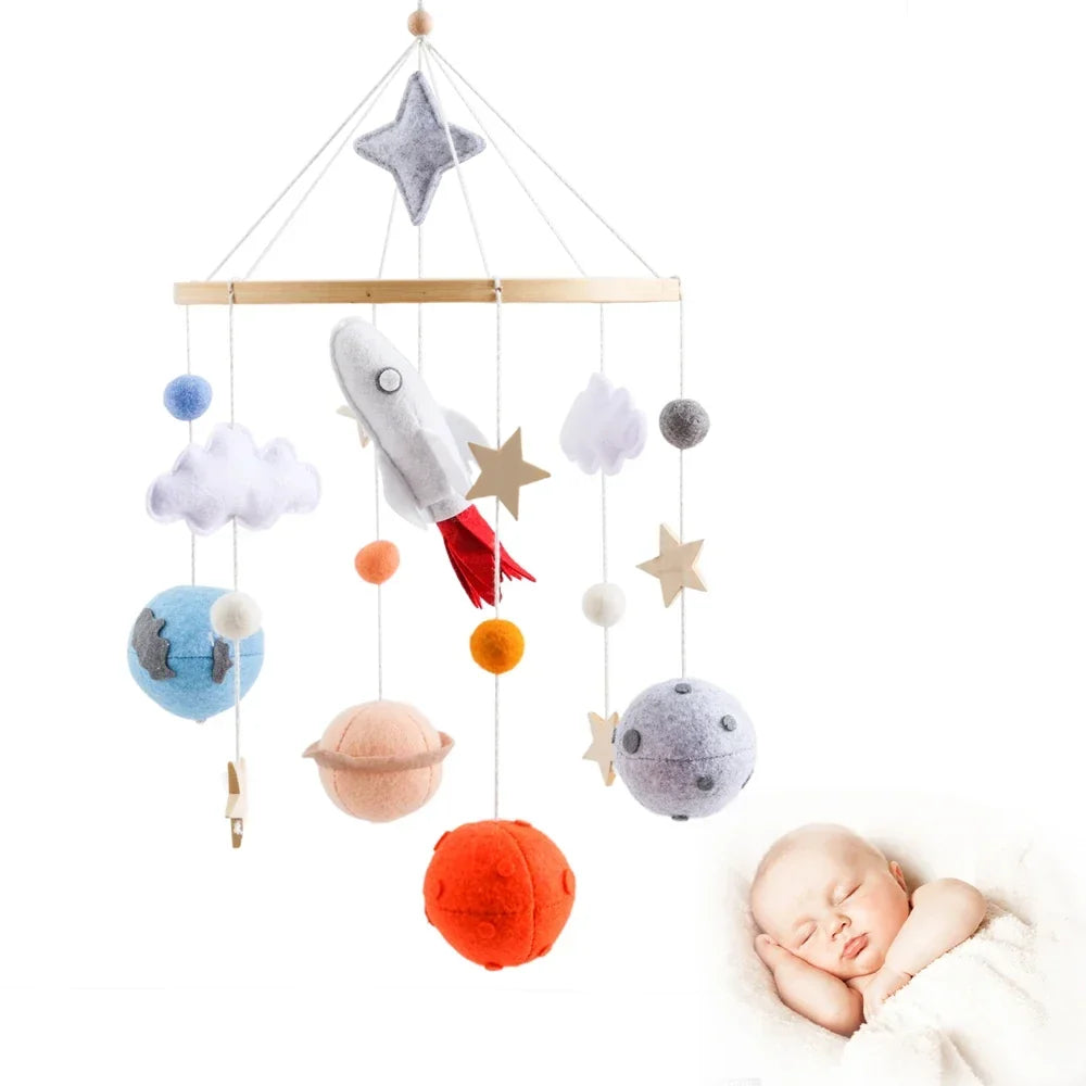 Wooden Rocket Crib Mobile Newborn Sensory Toys Soothing