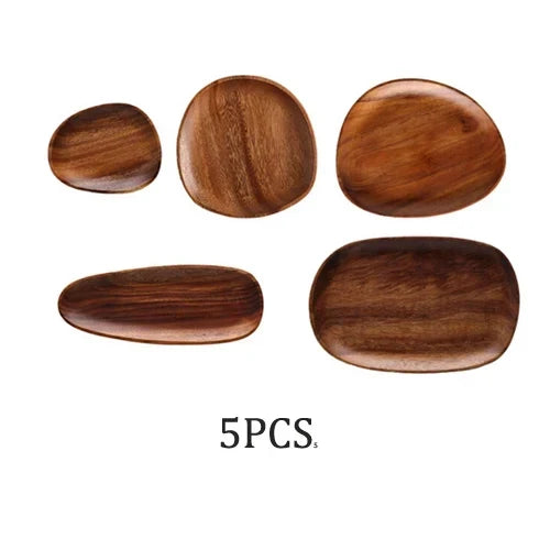 5Pcs Wooden Storage Tray - Acacia Wood Irregular Oval Tableware, Solid Food Container