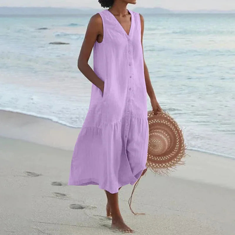 Summer Loose Casual Patchwork Cotton Linen Dress - V Neck Beach Style Midi for Women