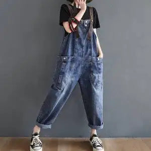 Vintage Big Pocket Suspender Jeans Pants - Women's Casual Denim Harem Pants