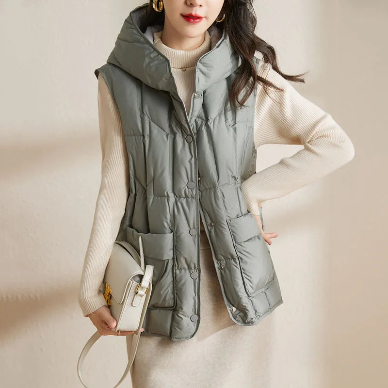 Lightweight Women Hooded Down Vest - Boxy, Down, Autumn