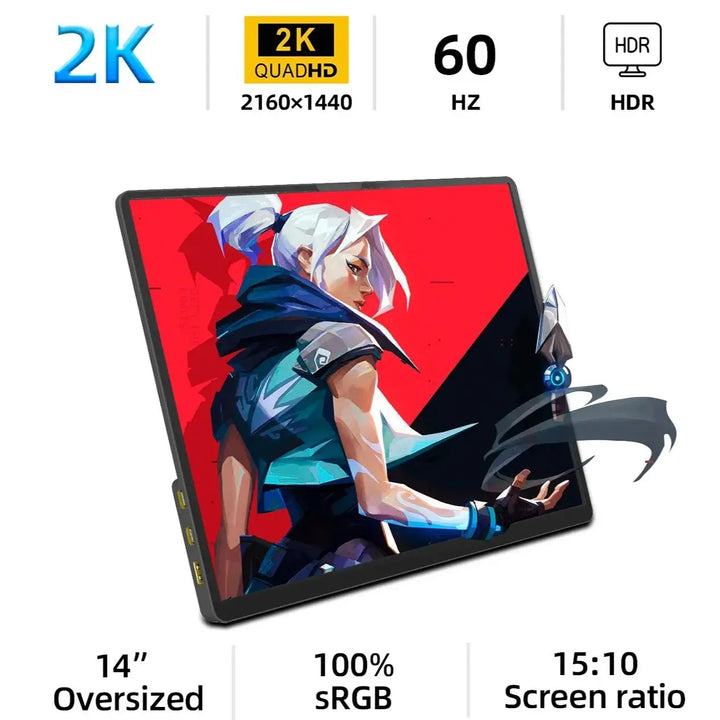 2K 14 Inch Portable Monitor 60Hz HDR Lightweight Travel