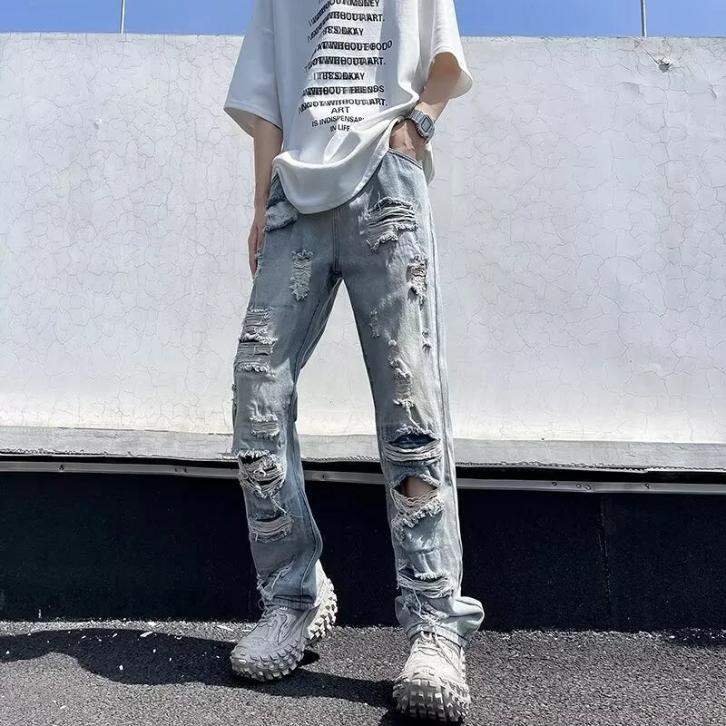 Oversized Relaxed Mens Jeans - Ripped Straight Leg Denim