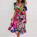 Sexy Deep V-neck Print Women's Summer Dresses - Elegant Swing Party Office Wear