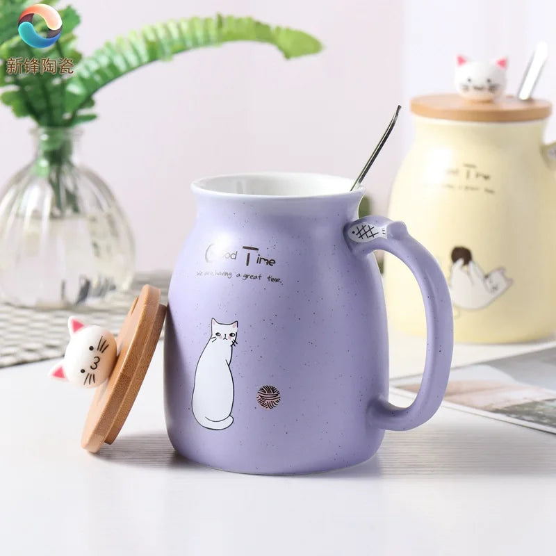 Ceramic Mug With Wooden Lid And Spoon Cute Cartoon Cat Design Gift Ready Spring 2026 Kitchen Essential