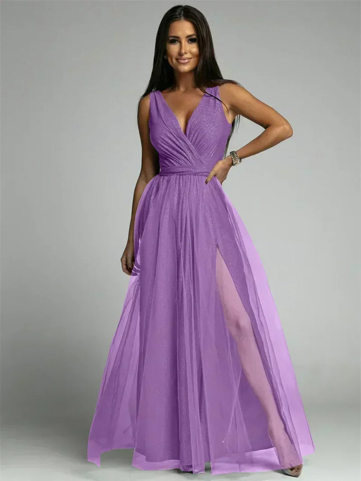 Elegant V-Neck Sleeveless Dress with Slit Hem, Plus Size Formal Wedding Guest Cocktail Dress