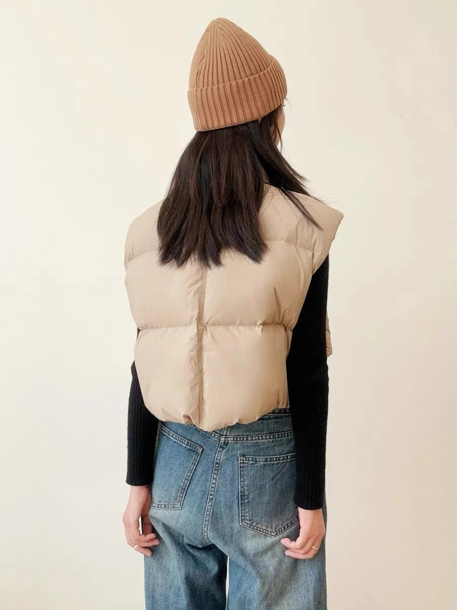 Warm Women Short Down Vest - Stand-Up Collar, Winter