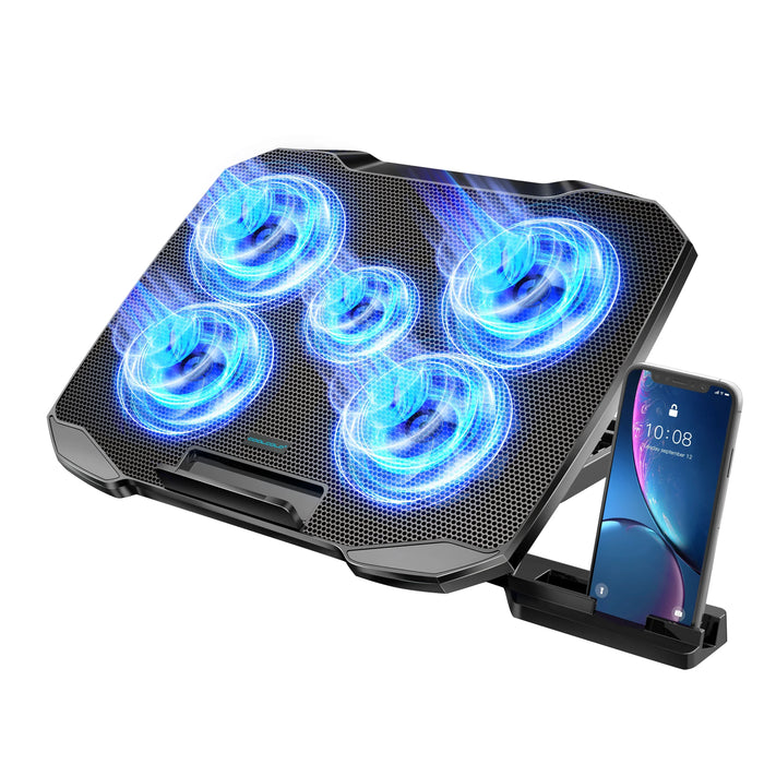 Laptop Cooling Pad with 5 Quiet Fans, Adjustable Height & Phone Holder - Compatible with 12-15.6 Inch Laptops