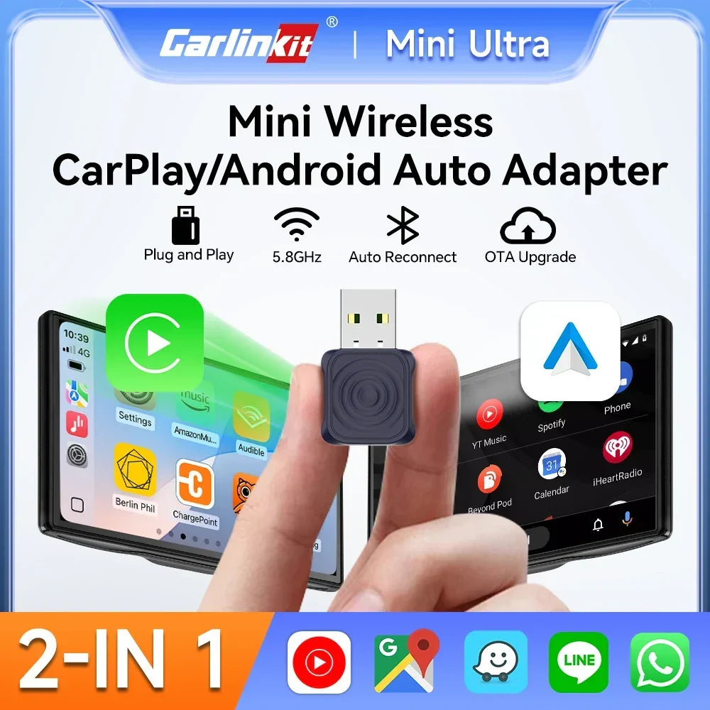 Wireless CarPlay Android Auto Adapter Mini 2-In-1 Plug And Play 5.8GHz WiFi Auto Connect OTA Upgrade Fall 2025 Gift