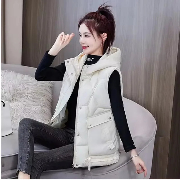 Warm Cozy Women Puffer Vest - Hooded Midlength, Winter