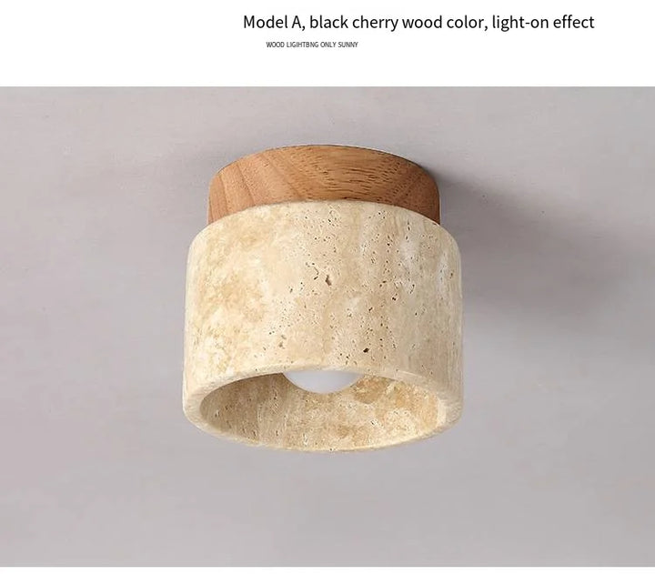 Japandi Travertine Ceiling Light Wood Cap Round Mid Century Lamp