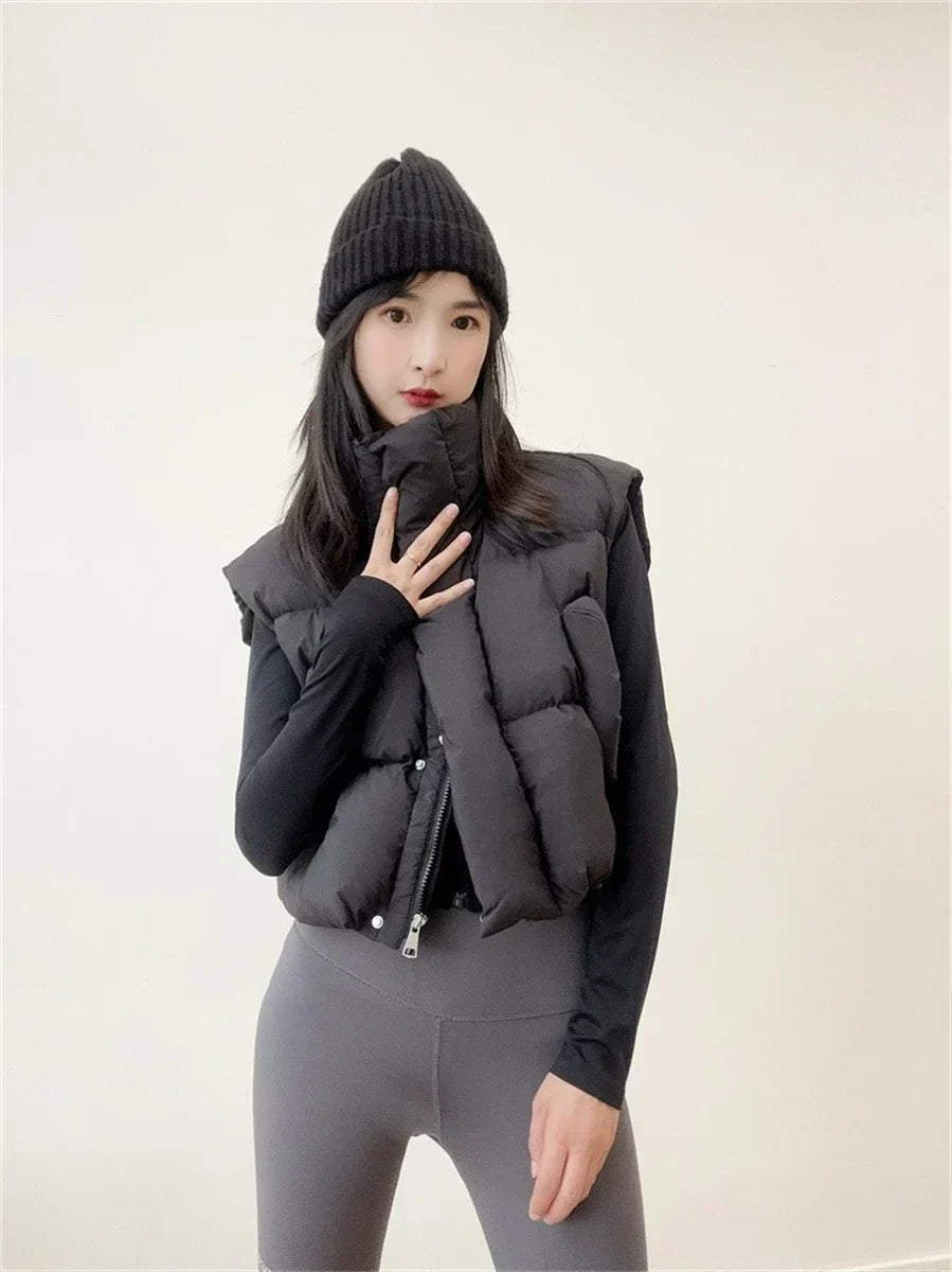 Warm Women Short Down Vest - Stand-Up Collar, Winter