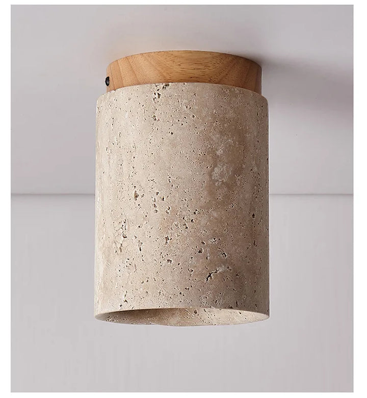 Japandi Travertine Ceiling Light Wood Cap Round Mid Century Lamp