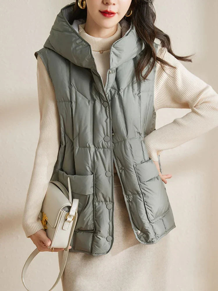 Lightweight Women’s Hooded Down Vest - Quilted Midlength