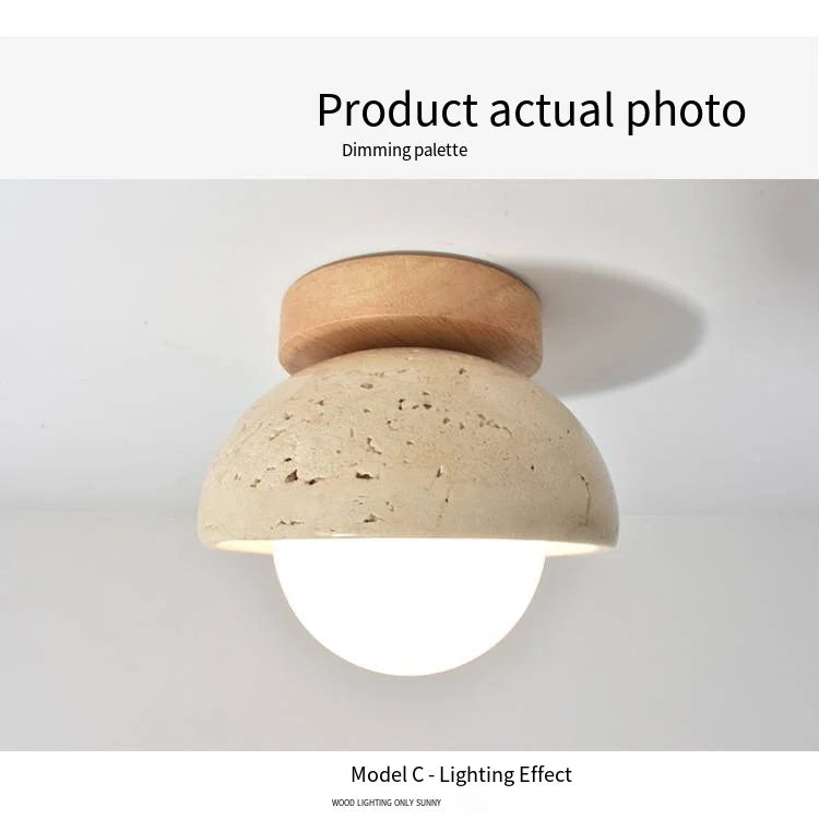 Japandi Travertine Ceiling Light Wood Cap Round Mid Century Lamp