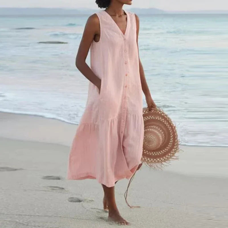 Summer Loose Casual Patchwork Cotton Linen Dress - V Neck Beach Style Midi for Women