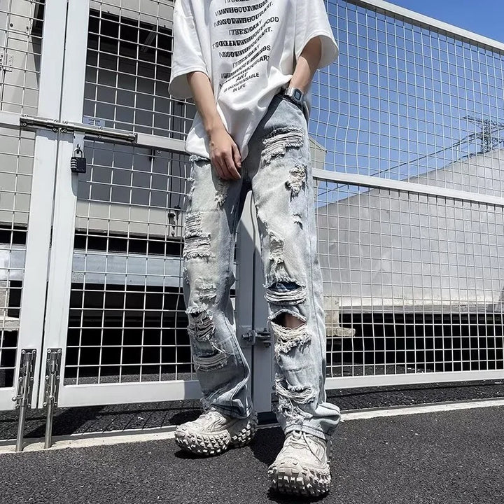 Oversized Relaxed Mens Jeans - Ripped Straight Leg Denim