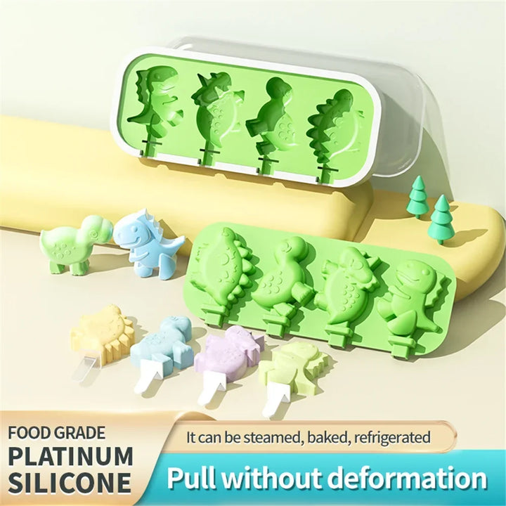 Dinosaur-Shaped Ice Cream Mold and Ice Pop Maker with Lid and Sticks, Food-Grade Silicone, Non-Stick, Temperature Resistant