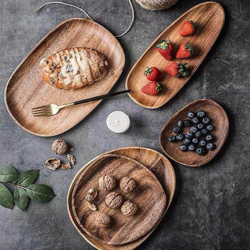 5Pcs Wooden Storage Tray - Acacia Wood Irregular Oval Tableware, Solid Food Container
