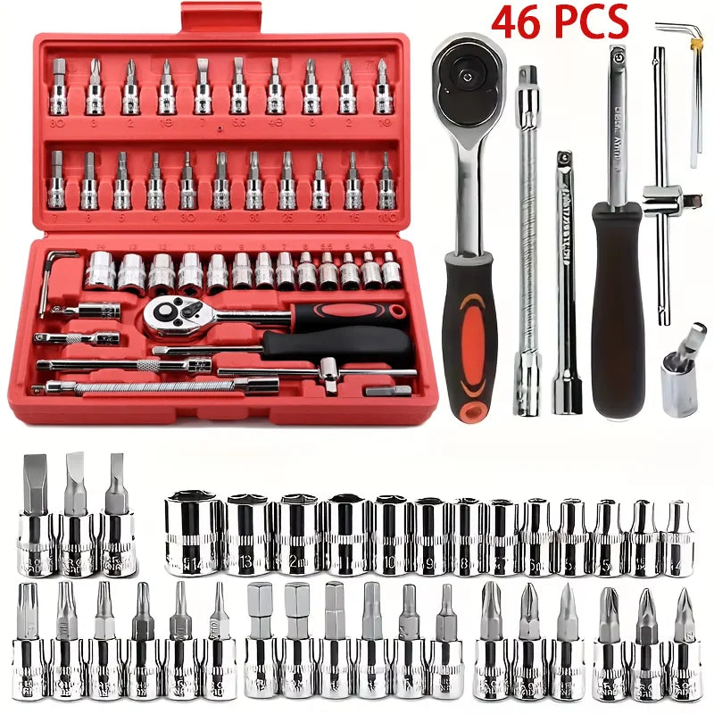 Metric Socket Wrench Set - Home Tools Car Mechanic Kit with Ratchet and Adapters