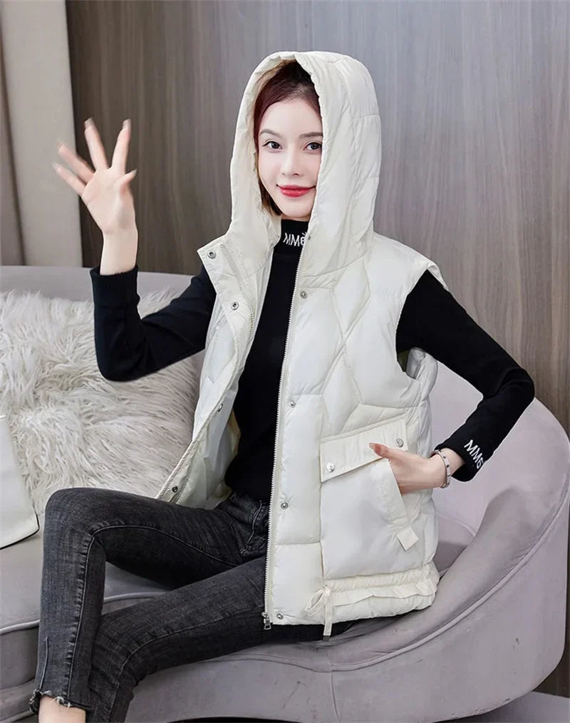 Warm Cozy Women Puffer Vest - Hooded Midlength, Winter