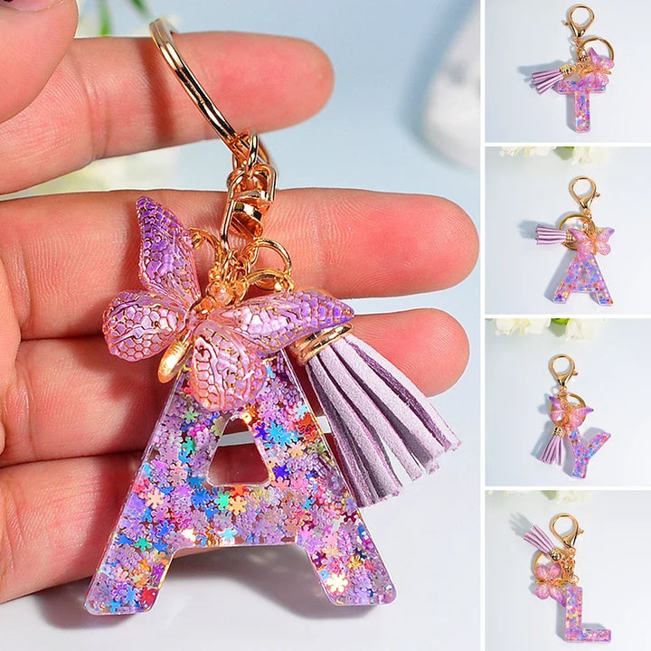 Sequin Letter Keychain With Butterfly Tassel Charm
