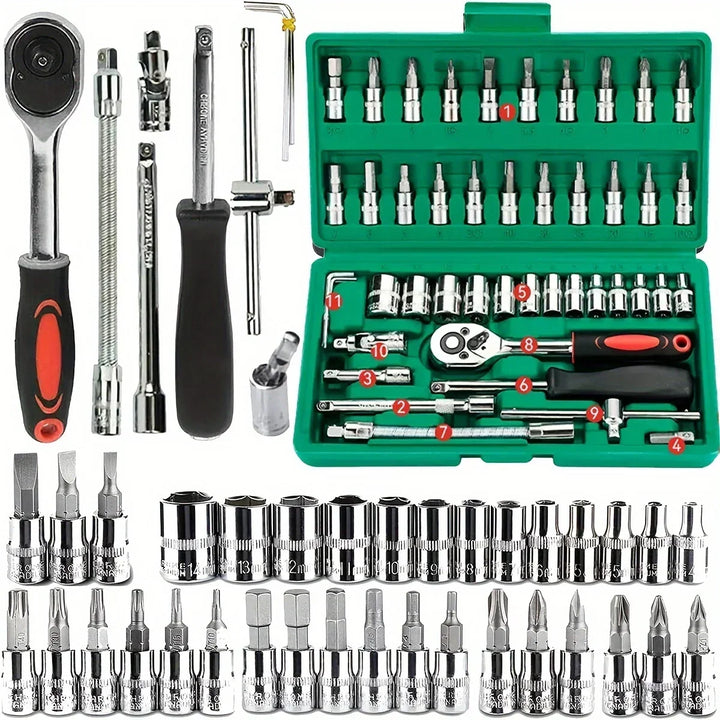 Socket Set 1/4 Inch Drive – 46 Pc Ratchet Wrench Kit With Sockets And Bits, Fall 2025 Ideal For DIY Auto Repairs