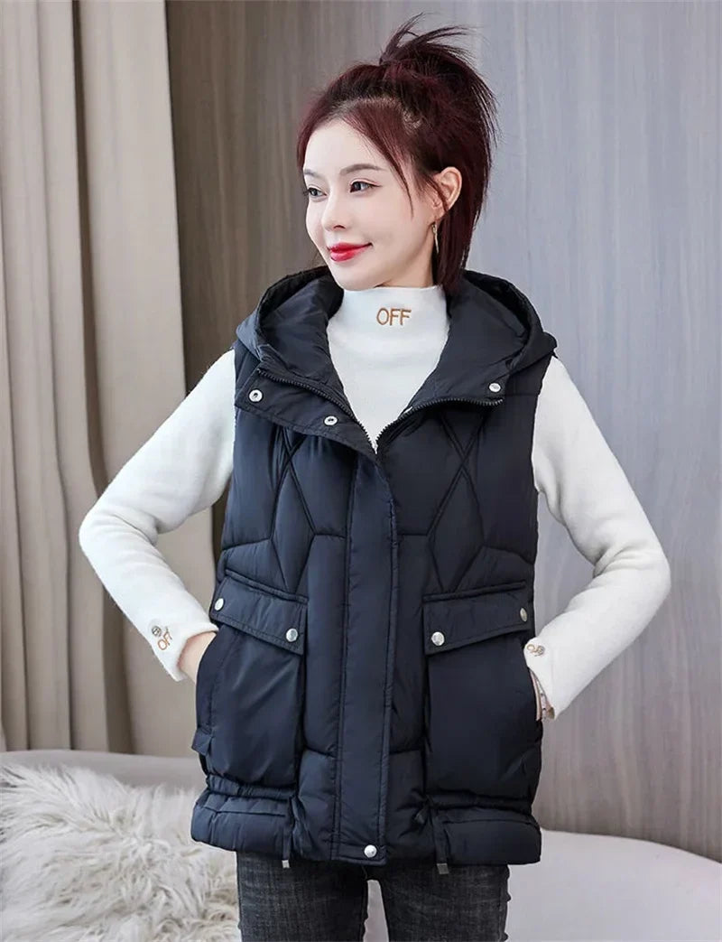 Warm Cozy Women Puffer Vest - Hooded Midlength, Winter
