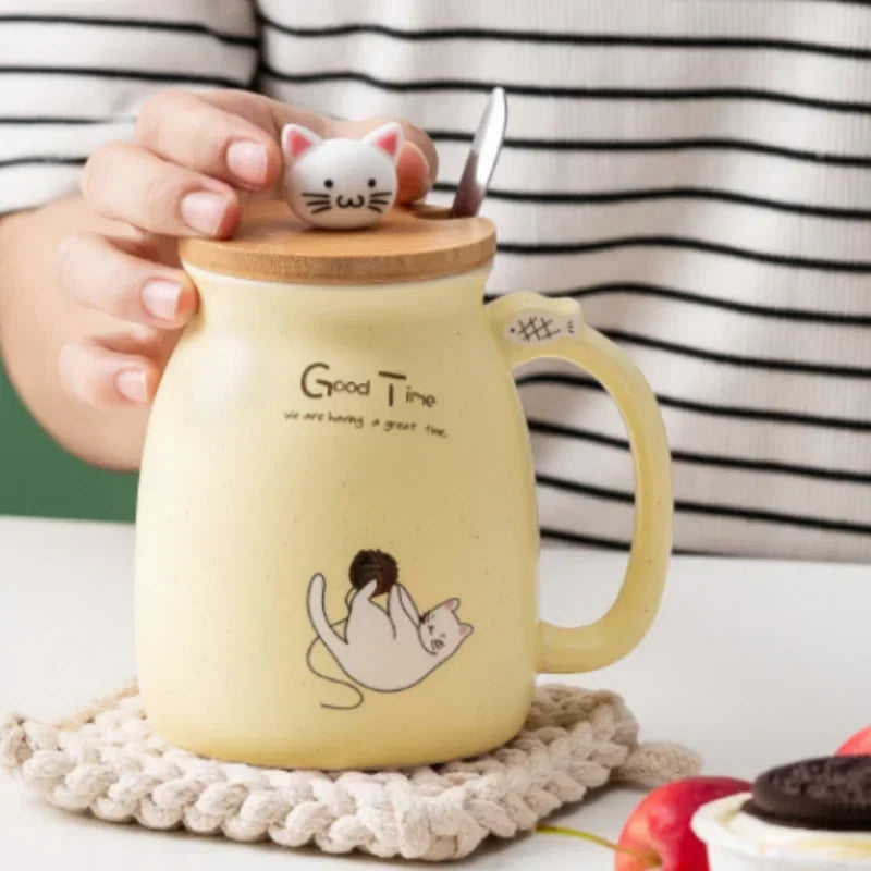 Ceramic Mug With Wooden Lid And Spoon Cute Cartoon Cat Design Gift Ready Spring 2026 Kitchen Essential