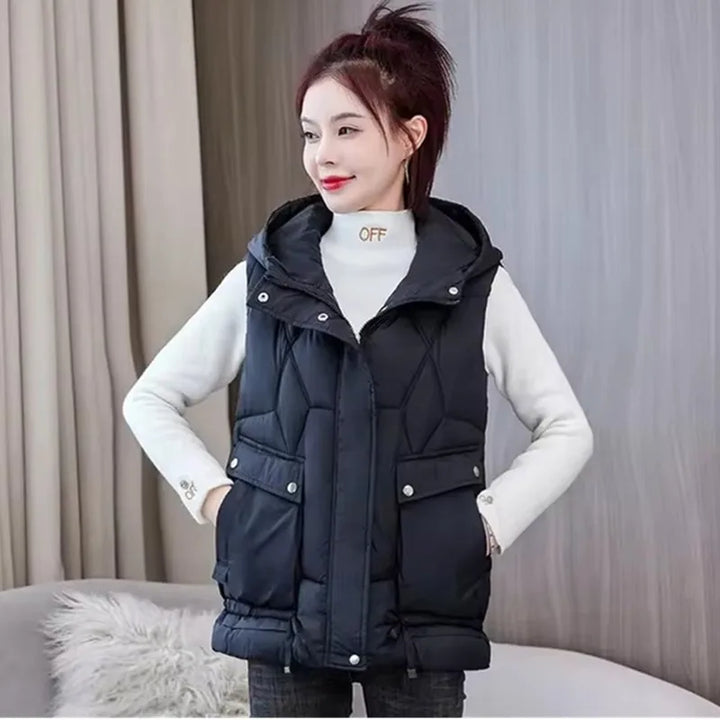 Warm Cozy Women Puffer Vest - Hooded Midlength, Winter